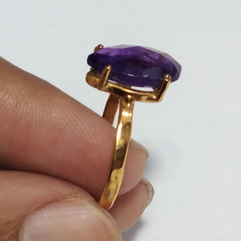Natural Amethyst Gemstone Ring, 925 Solid Sterling 18k Gold Plated Silver Ring, Amethyst Stone Size 14x10 mm Handmade Gift Mother's day Ring